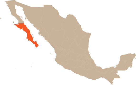 Baja California Sur Location on Mexico Map Vector.