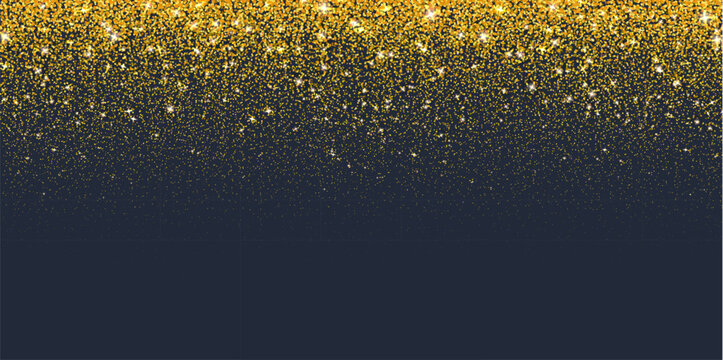 Golden dust spray effect with glitter particles, falling shiny star luminous particles. Gold falling confetti shimmer, shine sequin spray light glow background. Vector festive luxury abstract overlay