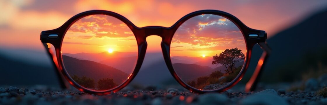 Eyeglasses focus on vibrant sunset mountains. Orange sky clouds reflect beautiful natural scenery. Tree silhouette adds depth to landscape view.