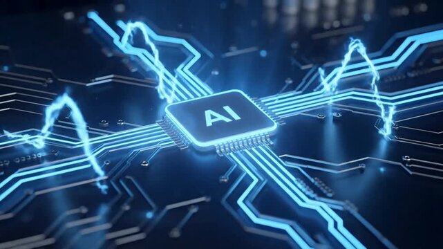 Artificial intelligence chip animation with electric circuit connections, AI computing and machine learning technology concept, smart data processing and futuristic digital system video
