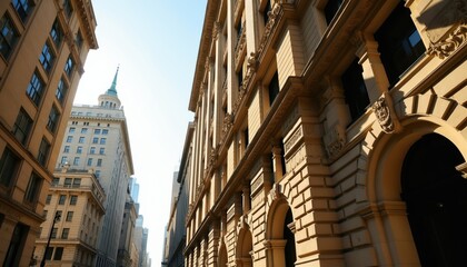 Fototapeta premium Tall vintage buildings in city canyon with ornate facades. Sunlight creates strong shadows on stone architecture. Clear sky above urban street. Old style architecture contrasts modern structures.
