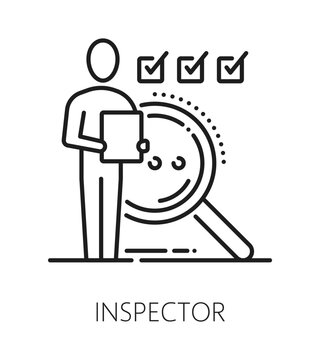 Quality control inspector inspection line icon or symbol. Regulation control symbol, quality approval vector pictogram. Factory standards inspection sign or icon with inspector person