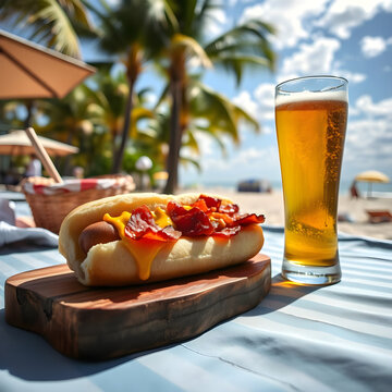 Hot Dog Humeante con Mostaza y Cerveza Artesanal
