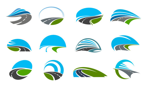 Highway road vector icons and asphalt route way emblems, pathway symbols. Curved gray highways with white dashed lines, asphalt roads, green hills and blue horizon. Logistics, travel, car rent symbols