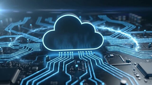 Cloud computing animation with digital circuit network, online data storage and secure technology infrastructure concept, modern cloud system and information transfer visualization video