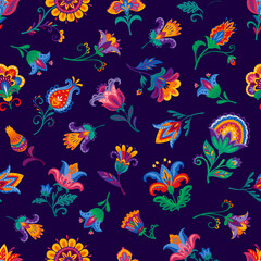 Fototapeta premium Mexican flowers and plants seamless pattern. Vector folk floral alebrije tile background, featuring flowers, leaves, paisley motifs and ornamental blooms, conveying festive Latin holiday celebration