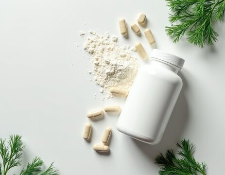 White bottle with capsules and powder spread on white surface. Green herb sprigs frame scene. Natural health and fitness supplements for muscle growth. Essential amino acid for recovery and energy.