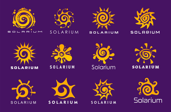 Solarium tan, summer beach sun and solar energy vector icons. Abstract sun light symbols of round spiral yellow sunshine rays. Solarium or spa salon, skin care sunscreen or tanning cream emblems