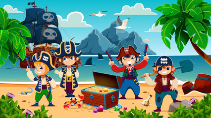 Naklejka premium Cartoon kid pirates and corsairs on tropical island with treasure chest. Playful children swashbucklers ship crew celebrate on beach around an open wooden trunk filled with gold coins and gems loot