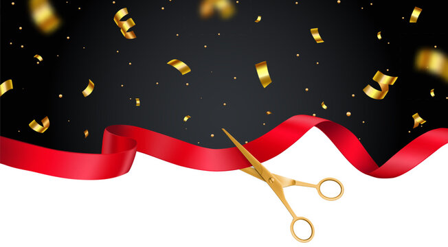Grand opening ceremony, open store announcement red ribbon with golden scissors and falling confetti. Vector elegant celebration background for event announcement or launch with sparkling streamers