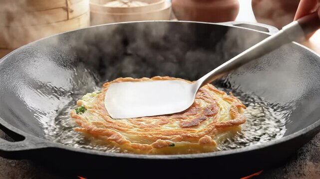 Delicious Chinese Egg Foo Young Being Fried in a Wok.
