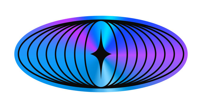 Globe mesh hologram retro Y2K sticker or label. Reflective foil funky Y2K patch, glossy iridescent retro vector label. Metallic color holographic oval shape sticker with globe wireframe and star