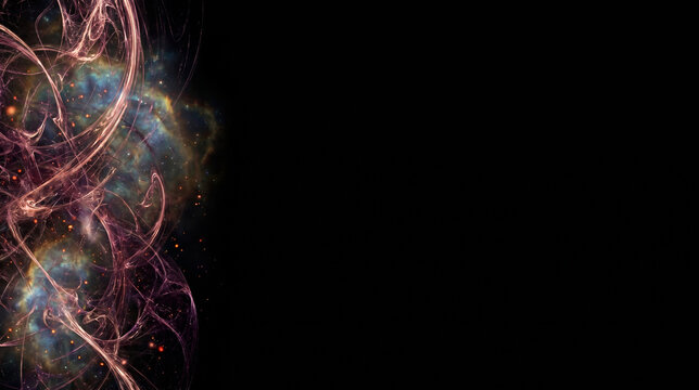 Rose gold and deep plum cosmic web filaments with shimmering ethereal light trails on a matte black background with large copy space