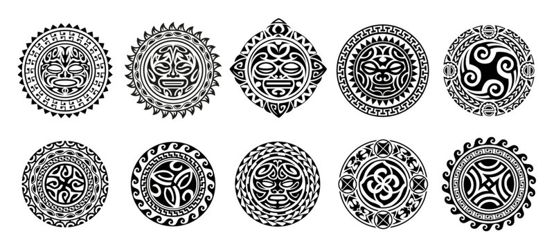 Circle round tribal maori tattoo with vector sun and warrior totem mask in ethnic pattern frame. Polynesian geometric ornament circles set with sun, moon, fish hook and koru spirals, maori tattoo art