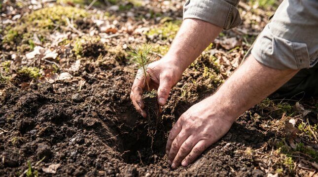 Forester hands planting tiny pine tree seedling in forest soil