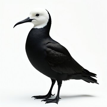 Black noddy bird stands on white background. This seabird has dark feathers and white head. Its beak is long and sharp. Bird has webbed feet. Side profile.