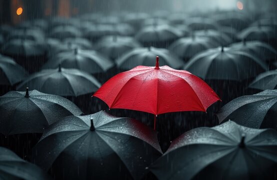 One bright red umbrella stands out amongst many dark umbrellas in heavy rain. Image represents individuality, standing out from norm. Conveys message of uniqueness, distinction in setting. Photo