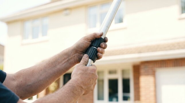 Worker hands adjusting length of aluminum telescopic extension pole outdoors