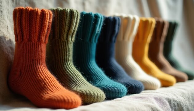 Line of cozy, hand-knitted wool socks in various autumn colors are displayed. These warm, textured socks are arranged on linen surface, showing their soft, ribbed design, offering comfort, style.