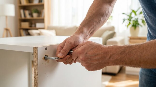 Male hands using hex key to assemble white wooden flat pack furniture