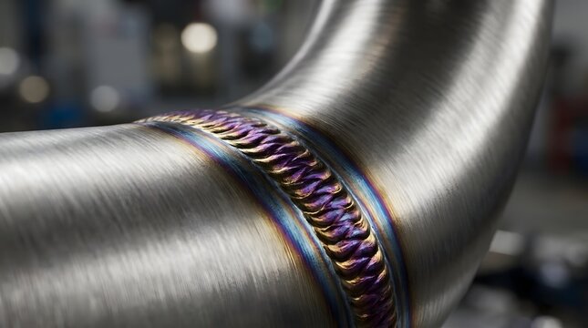 TIG welding bead on stainless steel pipe with iridescent heat tint