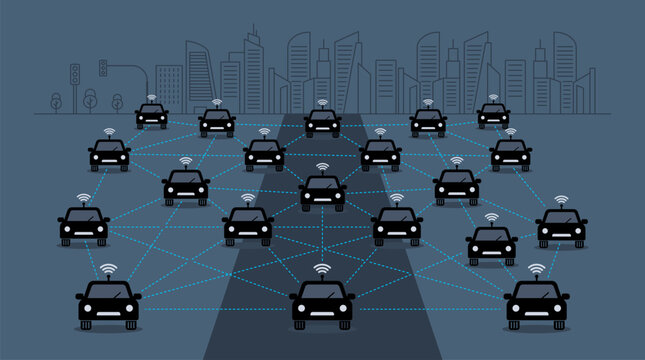 Autonomous Vehicle Network and Smart City Traffic Management Vector Connected Self Driving Cars with V2X Communication Technology Smart Mobility Concept of Driver less Cars and Intelligent Transport