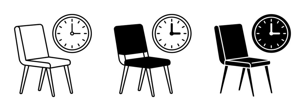3 chair silhouette icons with clocks, solid black style, waiting room or appointment concept