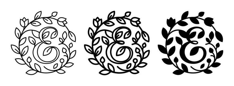 Three ampersand silhouette icons, decorative floral wreath style, elegant nature design elements