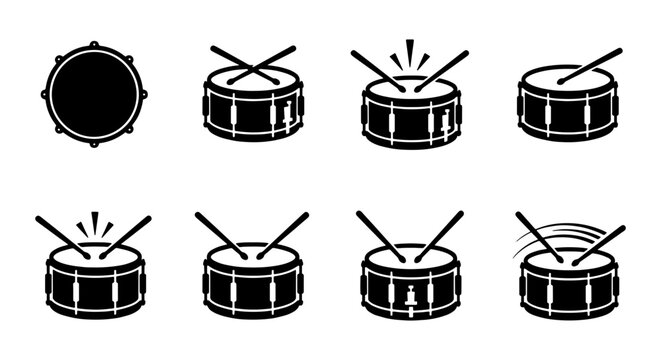 Drum Set Icons, Percussion Instruments, Musical Equipment Collection, Vector Graphics for Music Themes