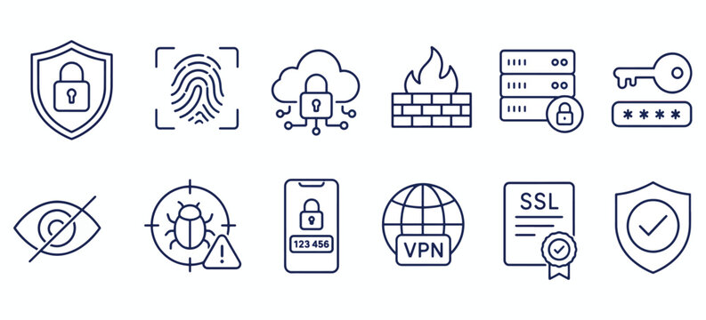 Crisp cybersecurity line icon set with shield lock fingerprint firewall cloud server vpn ssl and bug symbols, modern blue outline graphics for data protection dashboards apps infographics and websites