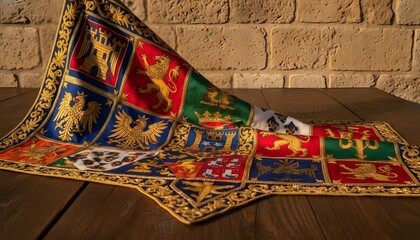 Naklejka premium Colorful flag and native tradition banner representing the Il Palio horse race heritage, displayed on a rustic wooden table for a historical cultural heritage concept