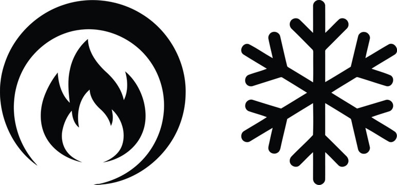 Fire and snowflake icons, black isolated on white background, simple symbols