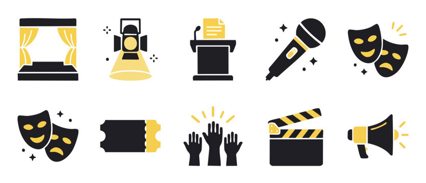 Entertainment and Performing Arts Icons Set for Theater, Cinema, and Live Events, featuring Stage, Spotlight, Microphone, Comedy Tragedy Masks, Film Clapperboard, and Public Speaking Podium Graphics.