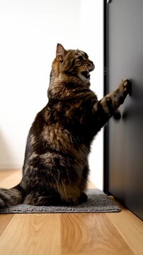 Curious Fluffy Cat scratching at a closed dark door in a modern home perfect for pet behavior and domestic life content. Vertical. Video. Portrait Orientation.