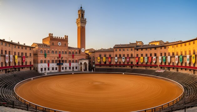 Historic stadium in siena for the cultural festival and il palio horse race concept, featuring the iconic piazza del campo with palazzo pubblico and torre del mangia at sunset