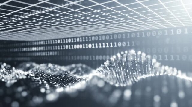 Abstract digital data wave with binary code and grid background