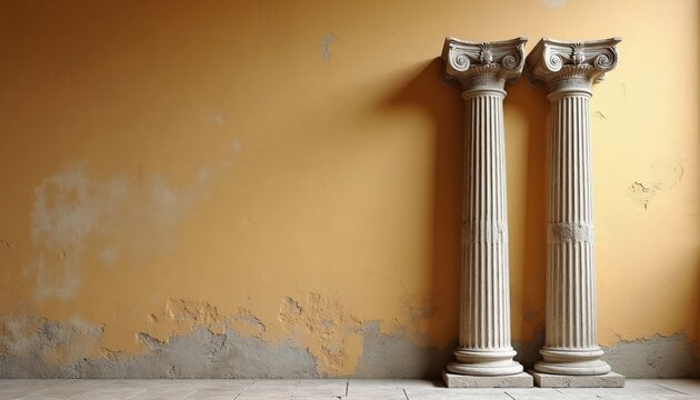 Two ancient Corinthian columns stand on a textured wall. The wall has peeling plaster and a warm yellow hue. Empty space available for text. Classic architectural background.