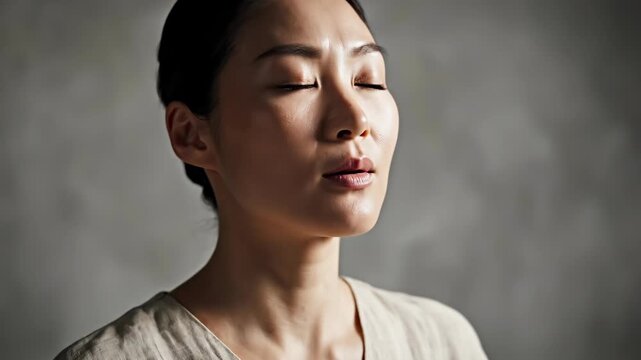 Asian woman with closed eyes and serene expression gradually shifts posture while maintaining calmness in a softly lit indoor setting with neutral background