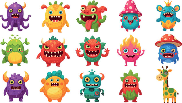 Large vector set of cute cartoon monster characters including aliens robots mushrooms and creatures with teeth for kids toys halloween and stickers.