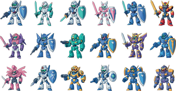 Vector collection of colorful robot warrior characters featuring mecha suits armed with swords and shields for futuristic sci-fi game design and toy concepts.