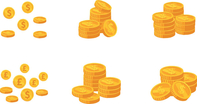 Vector set of golden coin stacks and falling currency featuring dollar and pound symbols for financial growth banking business and wealth management concepts.