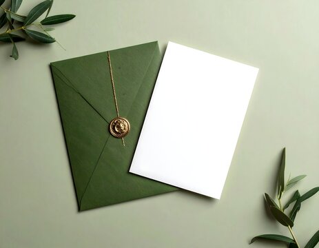 Elegant muted olive envelope design with blank white paper and soft lighting