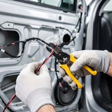 Mechanic using wire strippers to repair electrical wiring in a car door