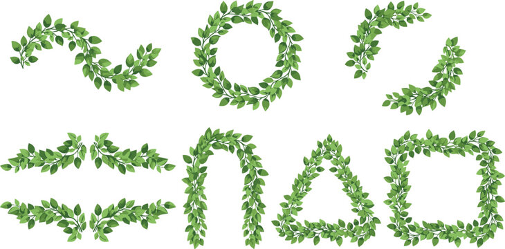 Vector set of green leaf frames and botanical wreaths in various geometric shapes like circles squares and triangles for nature themed wedding invitations