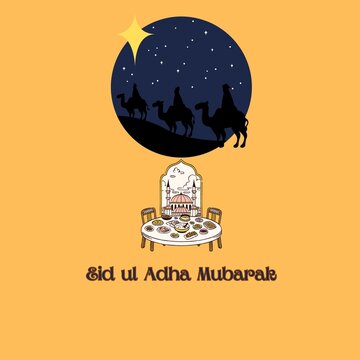 vector illustration of a happy eid ul adha e-cafd showing camels, a dining table and a greeting.