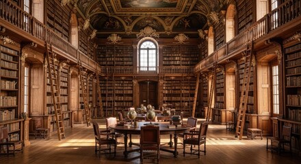 Fototapeta premium Grand Library Interior with Round Table and Chairs, Antique Bookshelves, and Natural Light