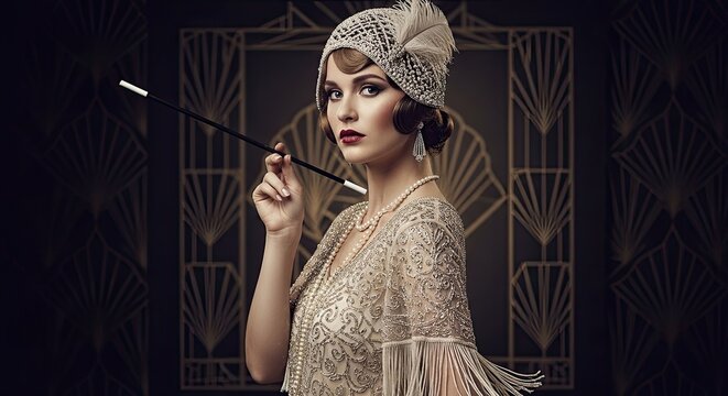 Elegant Flapper Woman in 1920s Vintage Style Outfit
