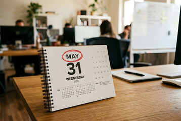 Obraz premium Desk calendar shows may 31st Wednesday 2023 with people working.