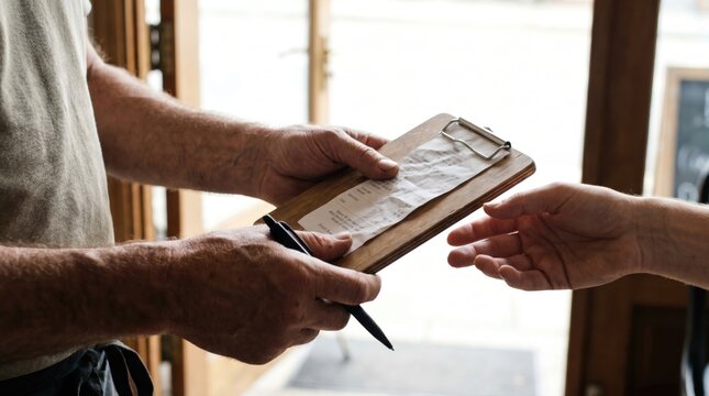 Waiter handing a bill on a wooden clipboard to a customer