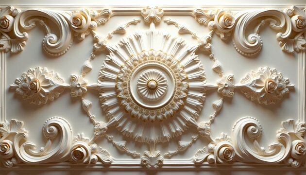Intricate white ceiling molding with golden accents features floral motifs, swirling patterns. Detailed relief design evokes classic luxury, ornate architectural decoration for interiors. Elegant